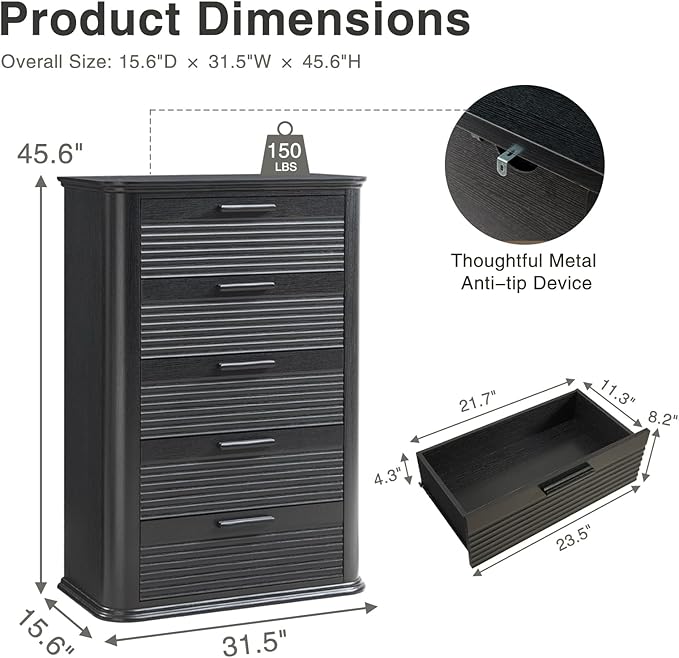 Okvnbjk 5 Drawers Dresser for Bedroom, 45" Tall Dresser with Curved Profile Design, Wood Fluted Chest of Drawer, Modern Drawer Storage Organizer for Bedroom, Living Room, Entryway, Black