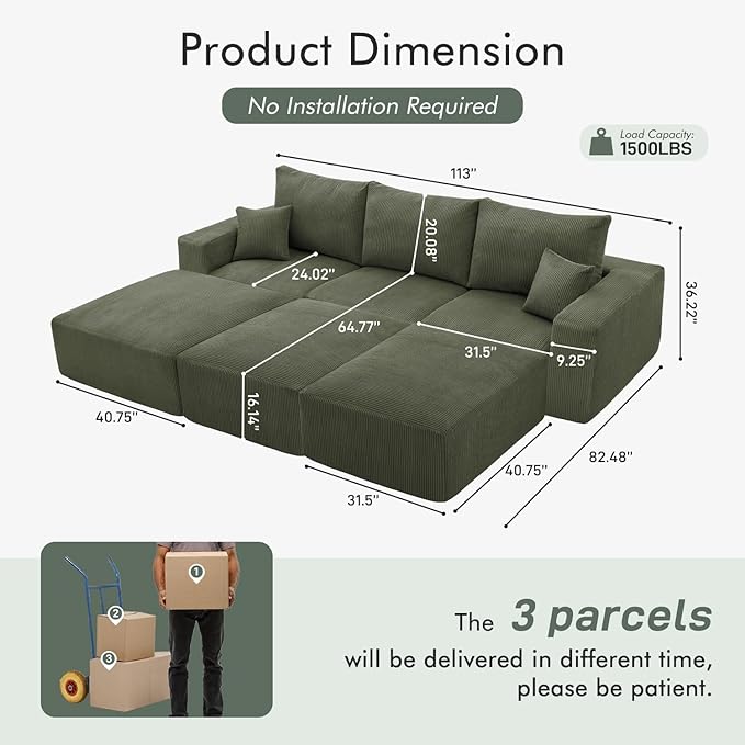 Boneless Sectional Cloud Couch Sofa Bed for Living Room, 112" Modular Modern Lounge 3 Seater Sleeper Green Couches with Chaise, No Assemble, Cordury Compression Upholstered Sofas