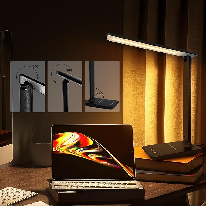 LED Desk Lamp Dimmable Table Lamp with USB Charging Port, 5 Lighting Modes, Sensitive Control, Foldable Portable Desk Light for Home Office Bedroom Reading (Black-Pro, Standard Size - 13.3 inch)