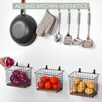 Wall Hanging Baskets 3 Pack, Large Diversified Wire Basket Shelves of Wooden Style, with Wall Mounted Metal Hooks & Traceless Stickers, for Kitchen Coffee Bar Office Room Garage Storage Organization