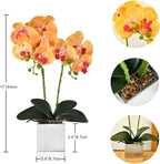 Artificial Potted Orchid Faux Phalaenopsis Silk Flowers Bonsai Realistic Arrangement in Silver Vase for Home Decoration Table Centerpiece, Orange