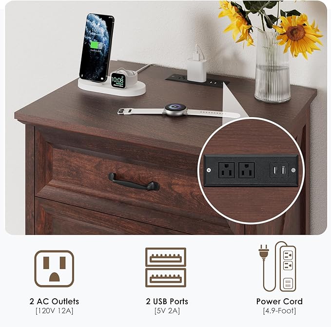 HOMMPA 24'' Farmhouse Nightstand with Charging Station, Bedside Tables with Storage, Side Table with USB Port, 3 Drawers End Table Dresser, Wood Night Stand for Bedroom, Living Room, Maroon Brown