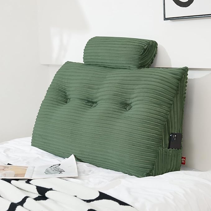 Headboard Wedge Pillow with 2 Pack Neck Roll Pillow Large Headboard Pillow Soft and Supportive with Removable Cover (sage Green, Twin: 39x8x20 Inches)