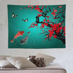 Houselerax Japanese Koi Fish Tapestry, Cherry Blossoms Asian Oriental Green Teal Floral Branch Koi Fish Carp Tapestries Wall Hanging for Bedroom Living Room Office Decor 80"x60"
