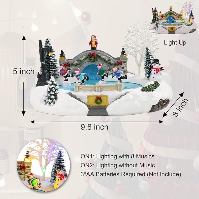 Vigdur Christmas Snow Village - Animated Christmas Village Skating Pond with Colorful Lights & 8 Xmas Music, Rotating Skier, USB&Battery Powered Christma Collectible Buildings for Home