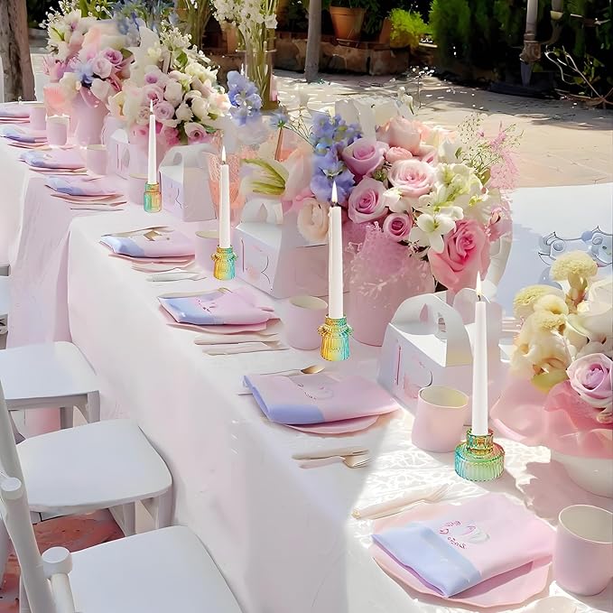 Double Sided Vintage Ribbed Taper Glass Candle Holders,Tea Candle Holder for Table Centerpieces, Wedding Decorations and Dinner Parties (Rainbow, 6 PCS)