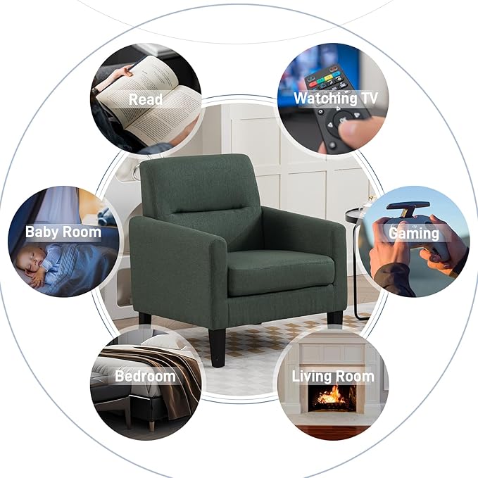 Accent Chair, Mid Century Modern Living Room Chairs Comfy Reading Chair with Upholstered Cushion Relax Armchair for Bedroom Apartment,Office,Green