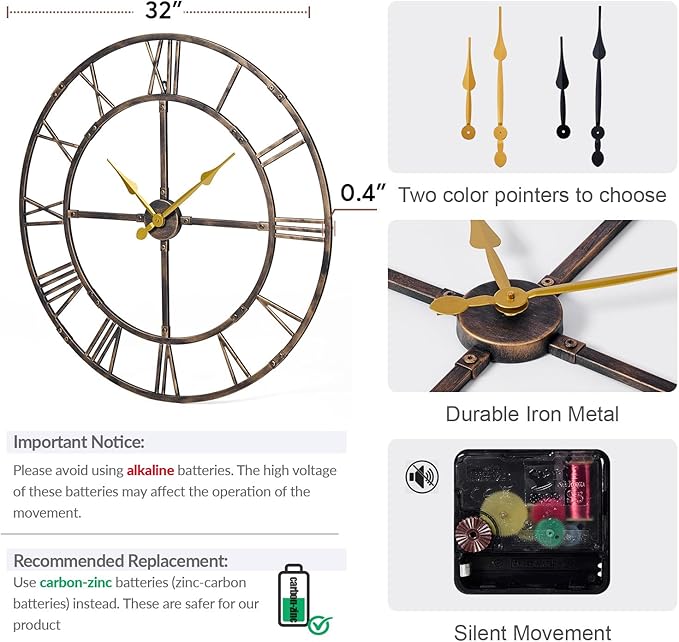 Large Wall Clock for Living Room Decor – 32 Inch Silent Non-Ticking Modern Farmhouse Wall Clock, Oversized Decorative Metal Roman Numeral Clock, Bronze