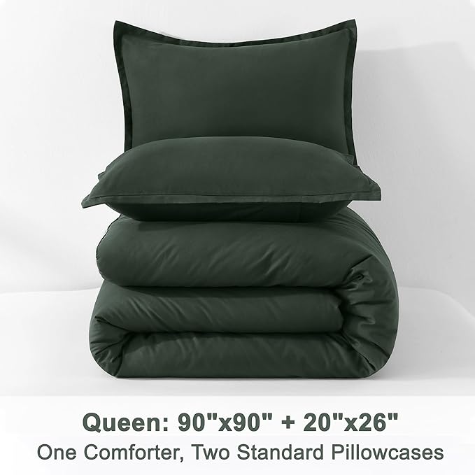 Litanika Forest Green Comforter Set Queen Size, 3 Pieces Lightweight Solid Bedding Comforter Set, All Season Fluffy Bed Set (90x90In Comforter & 2 Pillowcases)