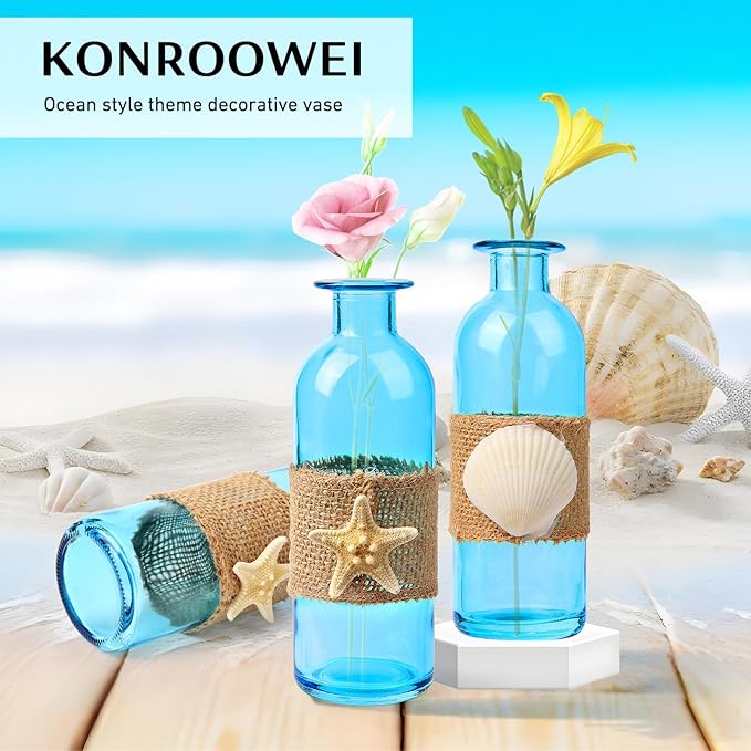 Shell Vase Set of 3 Blue Coastal Vase,Small Starfish Seashell Flower Glass Vases Handcrafted for Beachy Decor,Beach Wedding/Party Beach Home Decor (Blue)