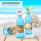 Shell Vase Set of 3 Blue Coastal Vase,Small Starfish Seashell Flower Glass Vases Handcrafted for Beachy Decor,Beach Wedding/Party Beach Home Decor (Blue)