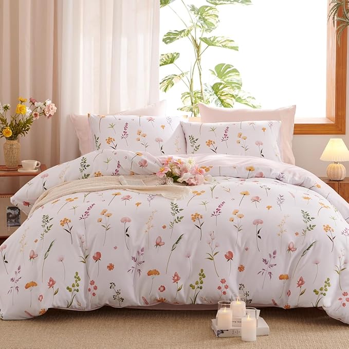 Floral Comforter Set Queen Size - 3 Pieces Pink White Floral Comforter Bedding Sets Reversible Pattern,Queen Back to School Comforter with Flowers Patterned and 2 Pillowcases