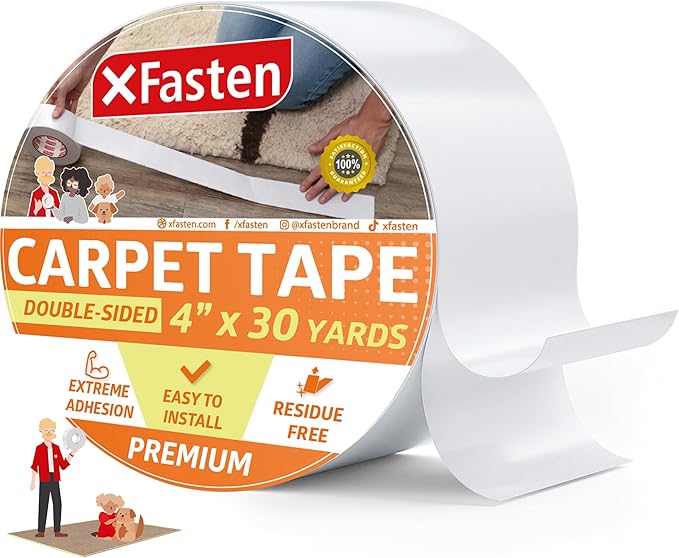 XFasten Double Sided Carpet Tape for Area Rugs, 4 Inch x 30 Yards – Heavy Duty Anti Slip Rug Grip Tape, Works as Rug Gripper, Residue Free, Wood Safe, Easy Removal for Hardwood and Laminated Floors