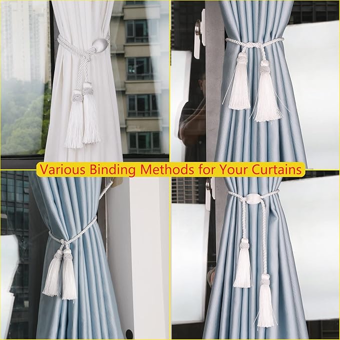 Curtain Tiebacks with Tassel,Modern Rope Window Curtain Ties Backs for Draperies, Outdoor Elegant Decorative Curtain Holdbacks 4 Pack