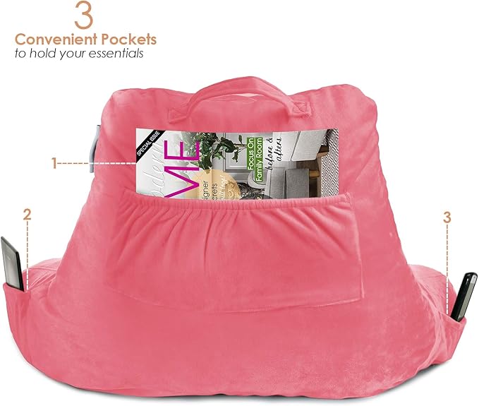 Nestl Reading Pillow Standard Bed Pillow, Back Pillow for Sitting in Bed Shredded Memory Foam Chair Pillow, Reading & Bed Rest Pillows Light Pink Back Pillow for Bed, Bed Chair Arm Pillow with Pockets