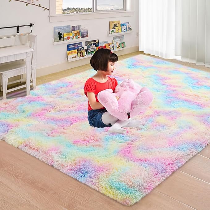 Rainbow Rug for Girls Bedroom: Fluffy Plush Rugs for Kids Room - Rainbow Fuzzy Carpet for Living Room (6x9 Feet)