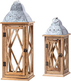 Large Farmhouse Wooden Metal Lantern Set of 2, Rustic Decorative Floor Candle Lanterns, Indoor/Outdoor Hanging Lanterns for Home Decor (No Glass)