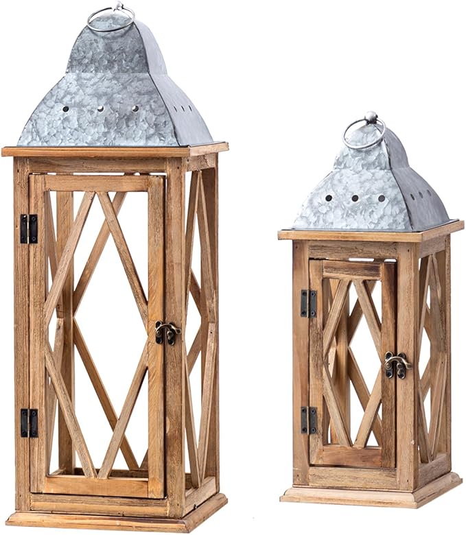 Large Farmhouse Wooden Metal Lantern Set of 2, Rustic Decorative Floor Candle Lanterns, Indoor/Outdoor Hanging Lanterns for Home Decor (No Glass)