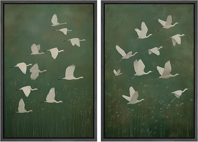 SIGNFORD Framed Canvas Print Wall Art Set Flight of Cranes Elegant Birds in Soft Green Hues Illustration Modern Art Decorative Nordic Nature for Living Room, Bedroom, Office - 24"x36"x2 Black