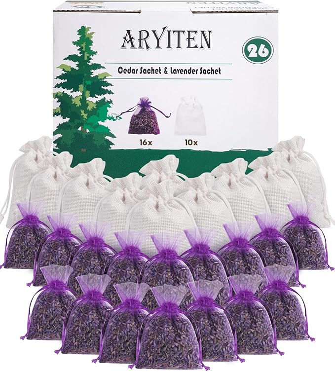 26 Pack Cedar Chips and Natural Dried Lavender Sachets Bags - Stop Clothes Damage, Cedar and Lavendar Home Fragrance for Drawers and Closets