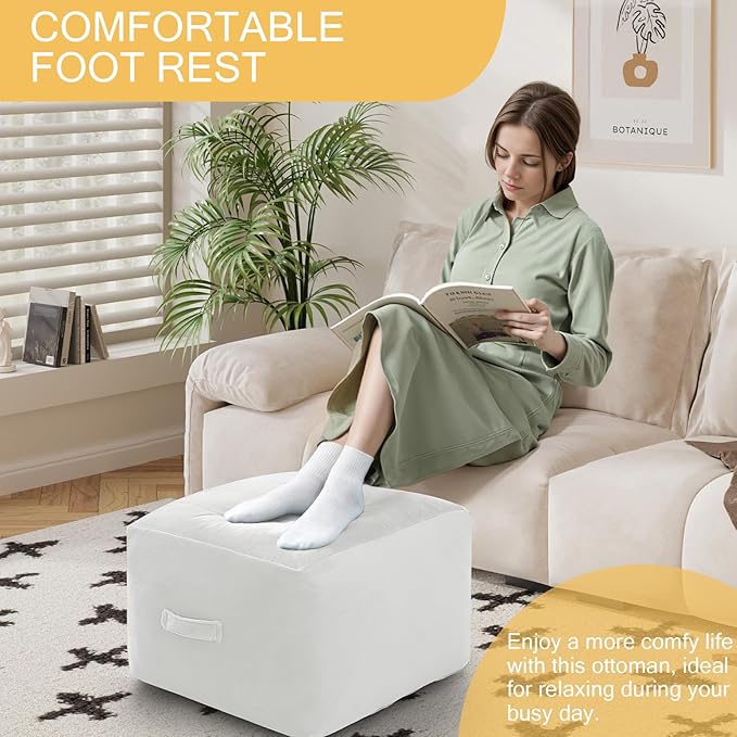 MeMoreCool Square Stuffed Pouf Ottoman Foot Rest, Floor Pouf Foot Stool with Foam Chunk Filling, Soft Stuffed Ottoman Footrest for Living Room, Off-White