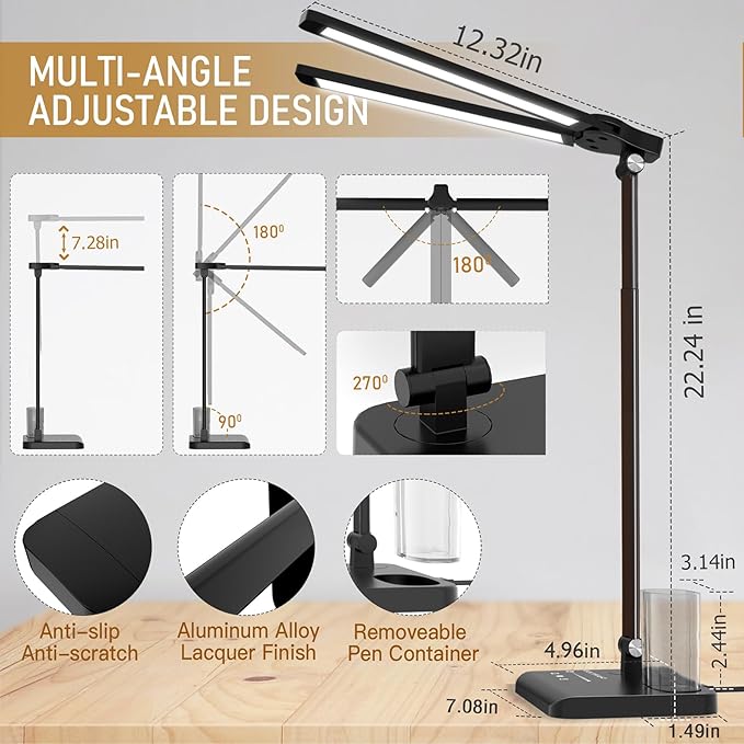 Retractable Dimmable LED Desk Lamp with USB Charging Port, 50 Lighting Modes Dual Swing Arm Architect Adjustable Table Lamp Light Desk Lamp for Home Office Dorm Piano Nail, Black