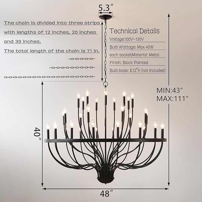 Black Chandelier 36-Light Industrial Iron Candle Chandelier Modern Suspended Farmhouse Chandeliers Pendant Light Fixtures for Dining Room Bedroom Living Room Kitchen Island Foyer E12 Bulb