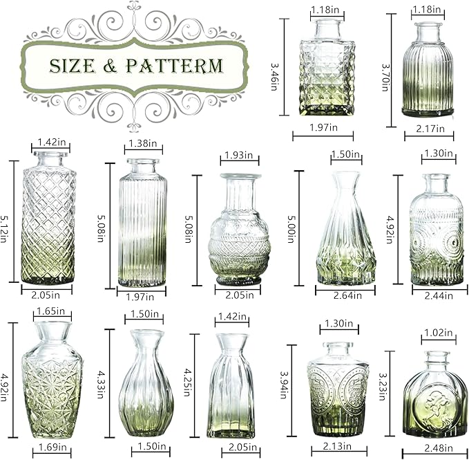 Bud Vases Set of 12,Glass Bud Vases in Bulk,Small Flower Vases for Centerpieces,Mini Vintage Vase for Wedding, Home Table Decor,Christmas,Party Decoration,Green