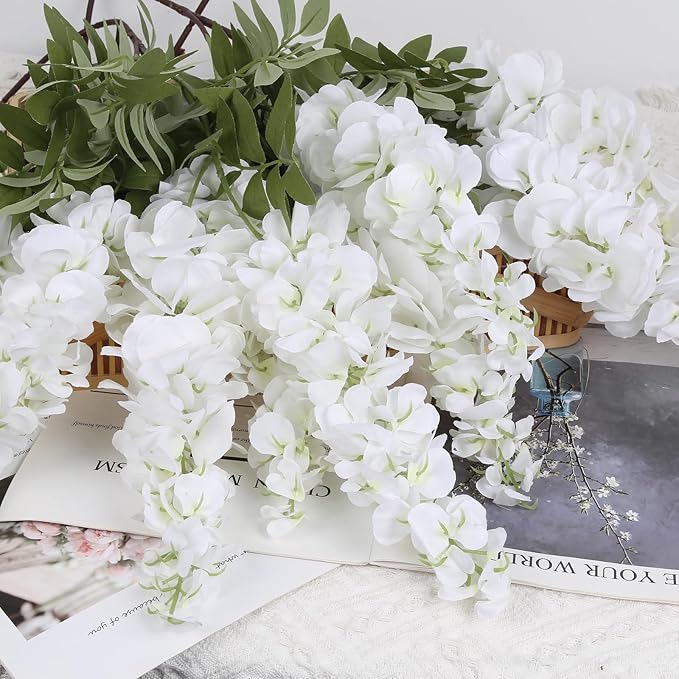 4PCS White Artificial Wisteria Hanging Flowers 40'' Tall Lush Fake Wisteria Flowers for Floor Vases Silk Flowers for Wedding Arch Ceremony Window Box Home Garden Backdrop Decoration (White)