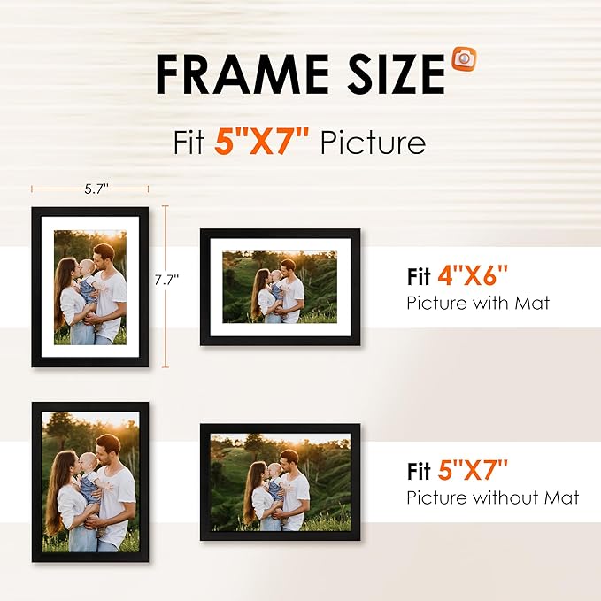 FIXSMITH 5x7 Picture Frame Set of 2, Photo Frame with HD Plexiglass, Display Pictures 4x6 with Mat or 5x7 Without Mat Multi Picture Frames Collage for Tabletop or Wall Display, Black