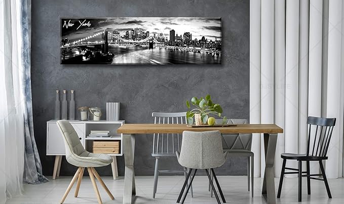DJSYLIFE New York Skyline Wall Art - Brooklyn Bridge Night View - Black and White Nyc City Pictures Scape Artwork Painting Decoration for Bedroom or Office, Ready to Hang 13.8"x47.3"-New York1