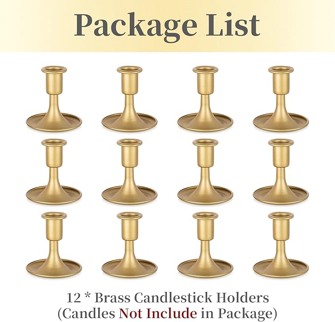 Gold Taper Candle Holder Set of 12, Hewory Short Skinny Brass Candlestick Holders, Vintage Small Low Metal Candles Sticks for Wedding Centerpieces Christmas Birthday Party Holiday Dinning Table Decor