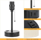 Beige Small Lamps 3 Levels Brightness - 3000K 4000K 5000K Bedside Lamps with USB C and A Ports, Pull Chain Table Lamps with AC Outlet, Nightstand Lamps with Black Metal Base for Bedroom Kids Reading