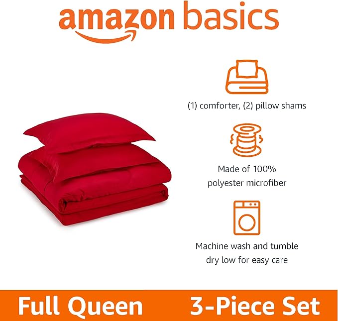 Amazon Basics 3 Piece Microfiber Kid's Comforter and Pillow Sham Set, Full/Queen, Red, Solid