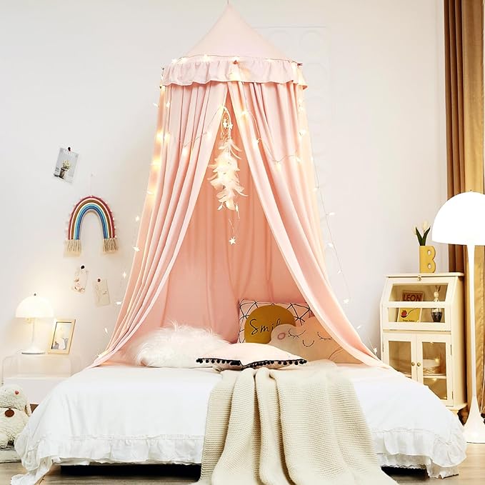 Kertnic Decor Canopy for Kids Bed, Soft Smooth Playing Tent Canopy Girls Room Decoration Princess Castle, Dreamy Mosquito Net Bedding, Children Reading Nook Canopies in Home (Pink-Ruffle)