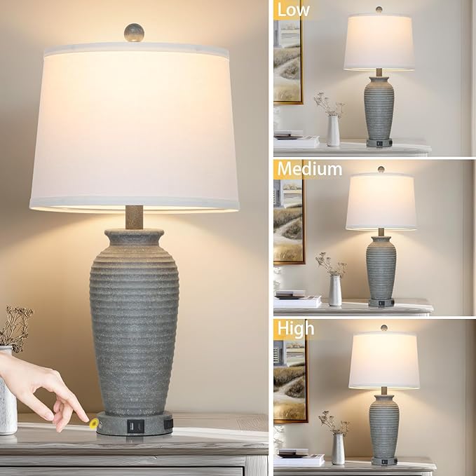 25" Grey Farmhouse Jar Table Lamps, 3 Way Touch Control Rustic Bedside Lamps with USB A+C Ports & AC Outlet, Pot Nightstand Lamps for Bedroom End Table (LED Bulbs Included)