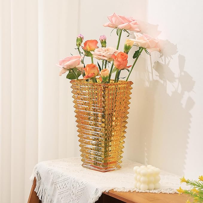 MCMCNCUIU Crystal Glass Vase, Large Crystal Vases for Flowers, Large Flower Vase,Amber Modern Vases for Living Room, Bedroom, Kitchen, Dining Table, Mantle, Wedding, 11 Inches