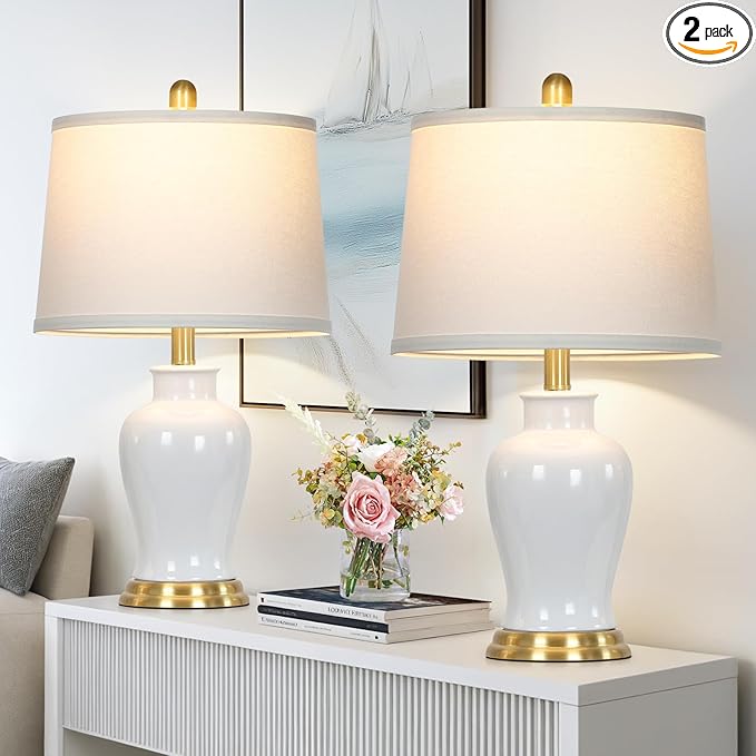 Modern Ceramic Table Lamps Set of 2, 23" White Ceramic Lamps for Living Room, Rustic Farmhouse Bedside Lamp with Ginger Jar Design, Elegant Bedroom Lamp for Nightstand Desk Side End Table Home Decor