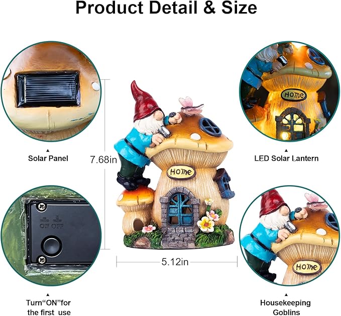 Garden Gnome Statues Figurine Lights - Solar Powered Lighting Outdoor Decorations, Gnome Build Mushroom Fairy House, Yard Art Lawn Ornaments for Porch Patio Balcony - Gnome Gifts for Women Mom