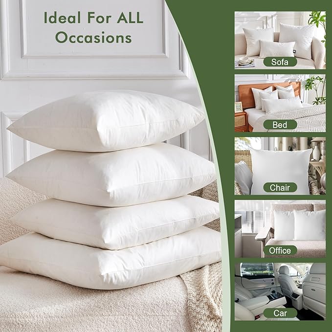 Feather Down Throw Pillow Inserts 20 x 20, Set of 2, 100% Organic Cotton Shell, Soft Decorative Square Pillows Insert for Living Room Sofa, Couch, or Bed (White)