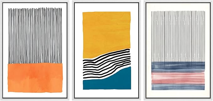 SIGNWIN Framed Wall Art Print Set Orange, Yellow, Blue & Pink Color Blocks and Lines Abstract Shapes Illustrations Modern Art Chic Multicolor for Living Room, Bedroom, Office - 24"x36"x3 White