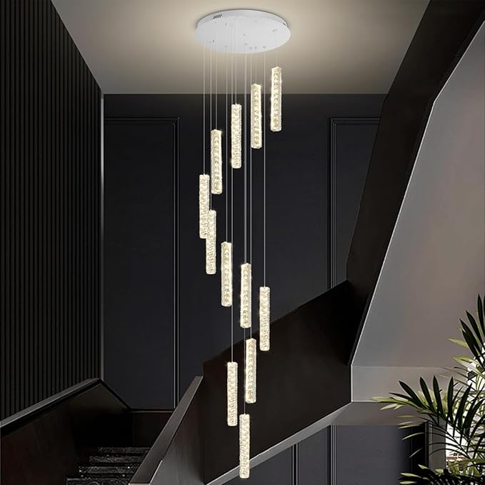 Long Spiral Crystal Chandelier Lighting for Foyer Silver 12-Light Staircase Chandelier High Ceiling Slopped LED Dimmable 2700K-6000K