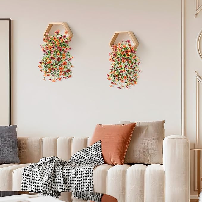 Artificial Faux Mums Fall Hanging Flowers for Outdoor Decoration,2 Pack Fake Silk Plants Daisy Realistic UV Resistant Summer Decor for Home Indoor Porch Patio Balcony Yard Autumn Decor (Brown Orange)