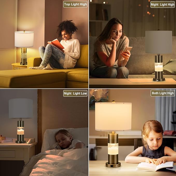 Serteaw Set of 2 Gold Bedroom Lamp for Nightstands, Touch Table Lamps, USB Charging Ports, with Stepless Dimming Mode for Living Room, Modern Snow and Clouds Crystal Bedside Lamps
