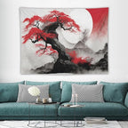 Cherry Blossoms Tapestry,Japanese Red Landscape Asian Watercolor Abstract Art Tapestry,Japanese Wall Tapestry, Nature Landscape Tapestries for Bedroom Living Room Decor 80"x60"