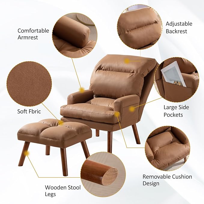 CANMOV Modern Accent Chair with Ottoman, Soft Fabric Armchair with Adjustable Backrest and Side Pockets, Comfy Lounge Chair for Living Room, Bedroom, Apartment, Office, Camel