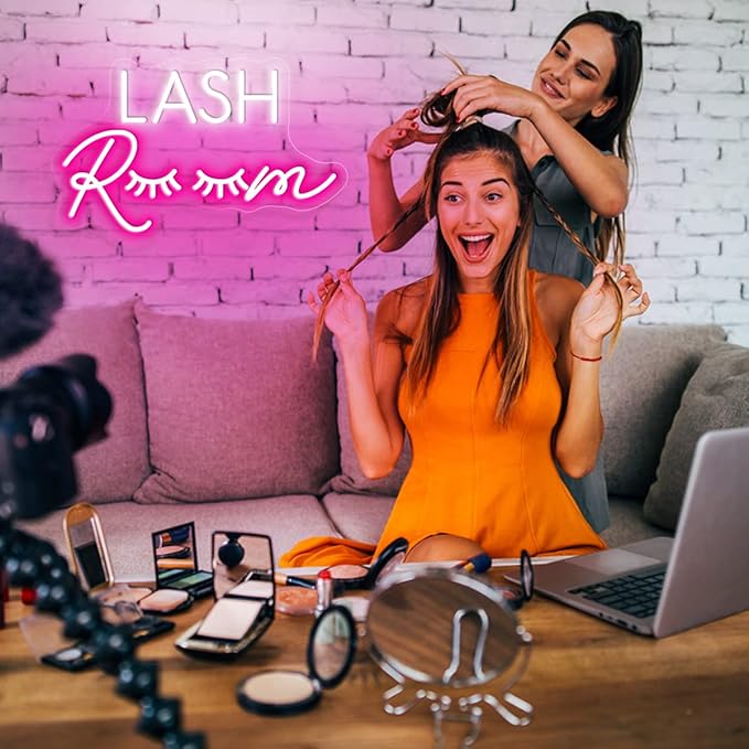 HDJSIGN Lash Room Neon Sign Eyelashes Light Pink Glow LED Sign USB Powered Neon Light for Lash Room Decor Girls Make up Beauty Room Decor Home Wall Decor Birthday Wedding Party Gift for Girls