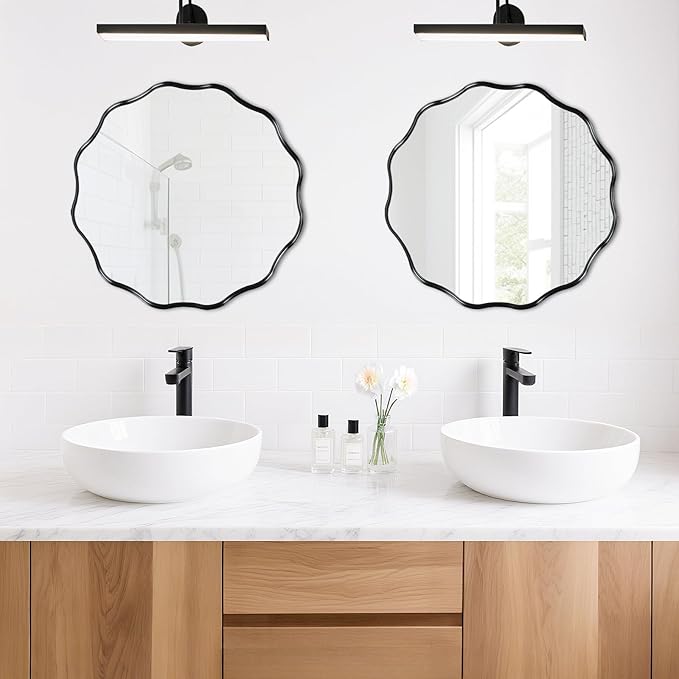 Fabuady Black Round Wavy Edge Mirror - 20'' Circle Wall Mirror with Metal Frame, Decorative Hanging/Leaning Mirrors for Bathroom, Bedroom, Living Room, Hallway, Entryway, Office, Home Decor