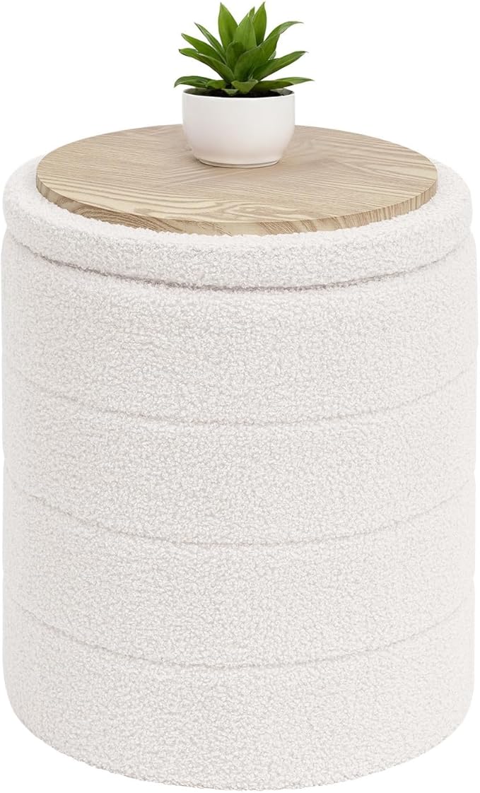 B FSOBEIIALEO Ottoman with Stroage, Round Sherpa Storage Ottoman Stool, Boucle Foot Rest 14.6"x14.6"x17.7"（White