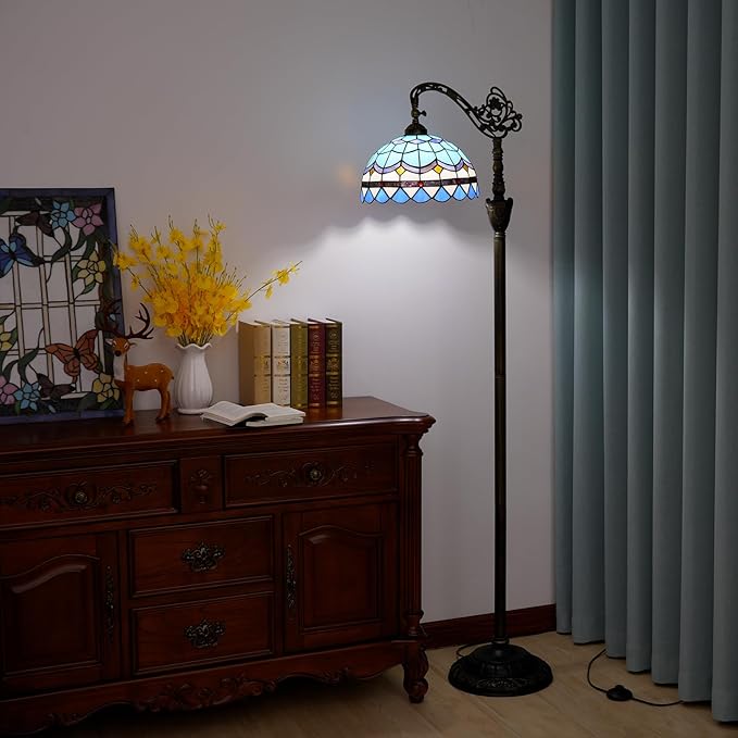Tiffany Floor Lamp Vintage Standing Lamp Blue Mediterranean Style Stained Glass Floor Light Rustic Corner Gooseneck Floor Lamp with Adjustable Angle for Home Decor Living Room Bedroom 12X12X63 Inches